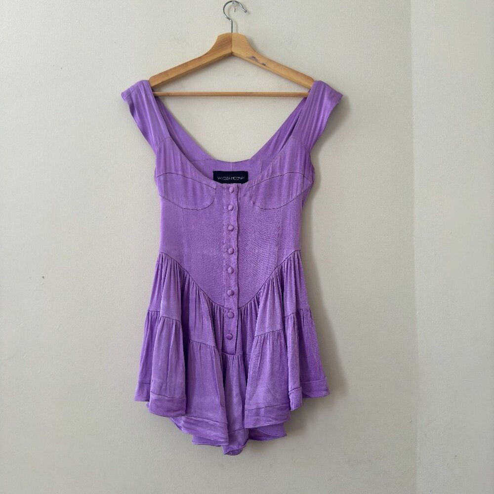 VANESSA MOONEY ELISABETH ROMPER DRESS IN PURPLE SATIN